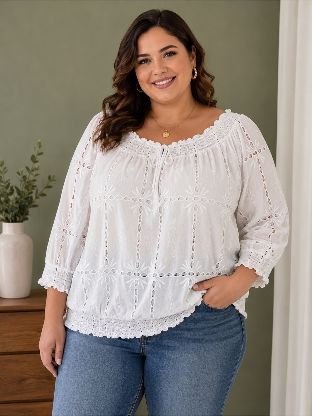 White Eyelet Embroidered Peasant Blouse Boho Cottagecore Top